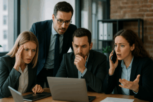 Business team managing digital crisis with urgency and teamwork.