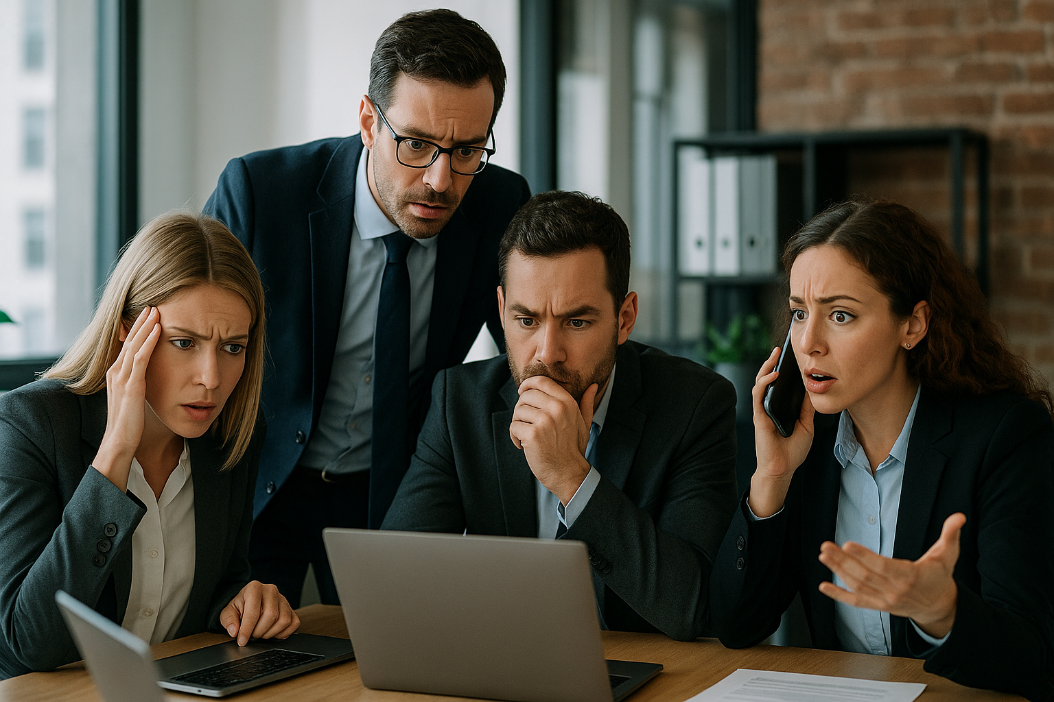 Business team managing digital crisis with urgency and teamwork.